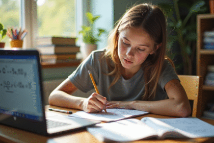 Jeune lyceen concentré sur des équations mathématiques