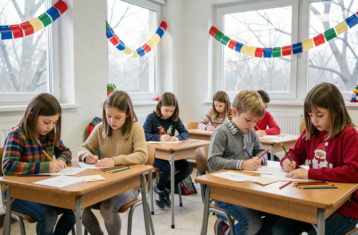 Élèves d'école primaire écrivant leurs lettres au Père Noël en classe pendant les activités de Noël