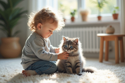 Jeune enfant caressant un chaton gris aux yeux bleus dans un salon lumineux