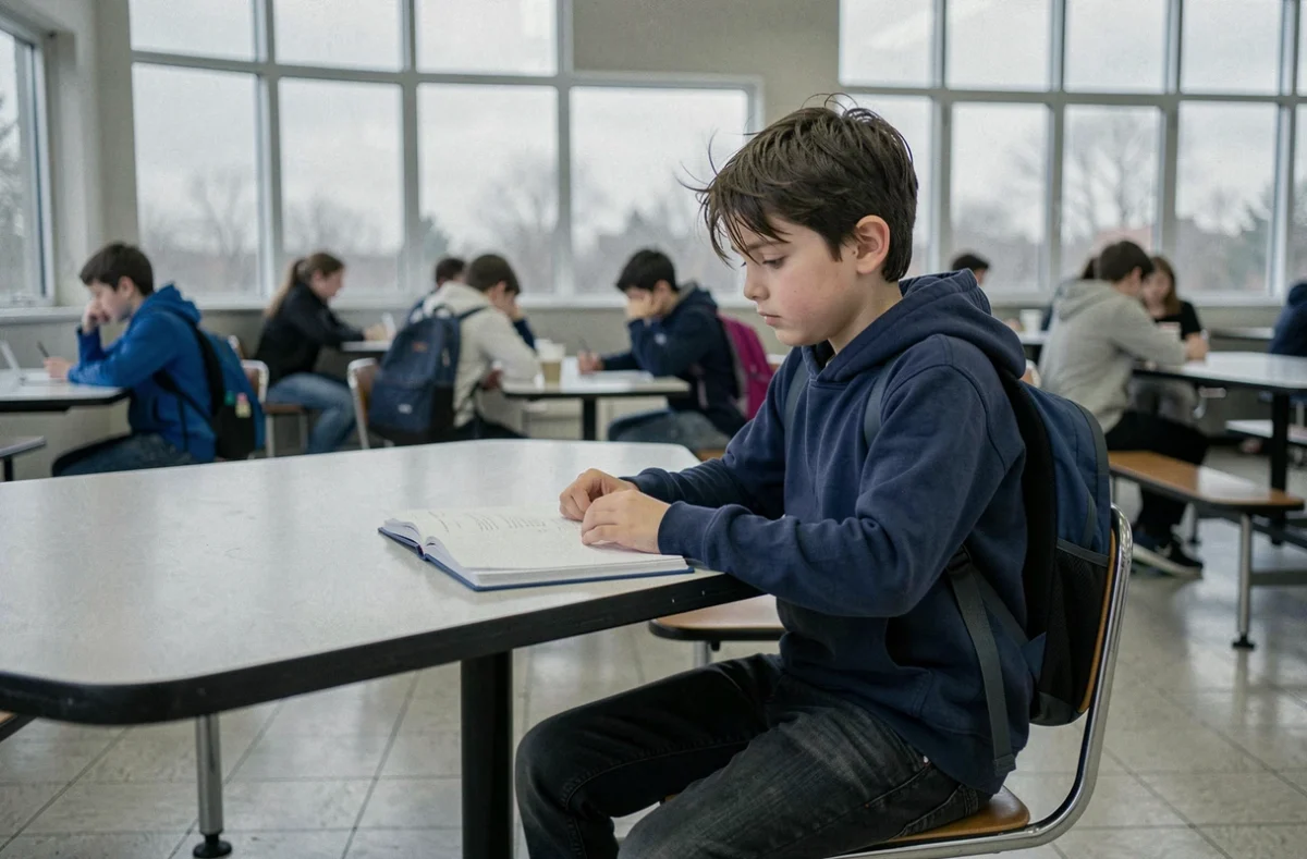 Jeune garçon pensif seul à la cantine scolaire, illustrant les questionnements autour de l'orientation scolaire adaptée