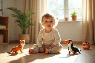 Enfant curieux dans une salle de jeu avec jouets animaux T