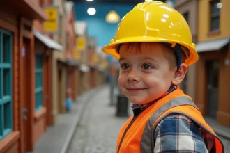Enfant portant un casque de chantier jaune et un gilet orange explorant une mini ville en intérieur à Palomano Lille