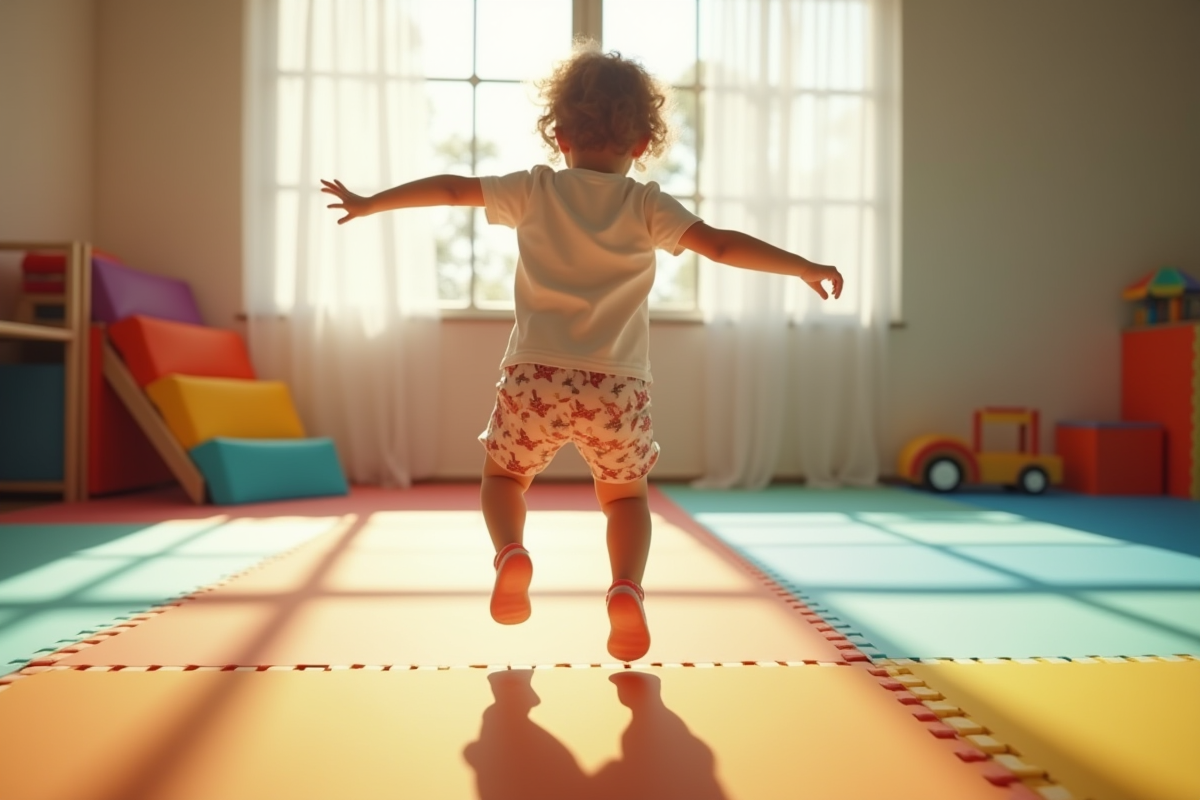Enfant sautant sur des tapis colorés en intérieur