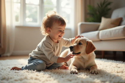 Bébé souriant caressant un chiot labrador dans le salon