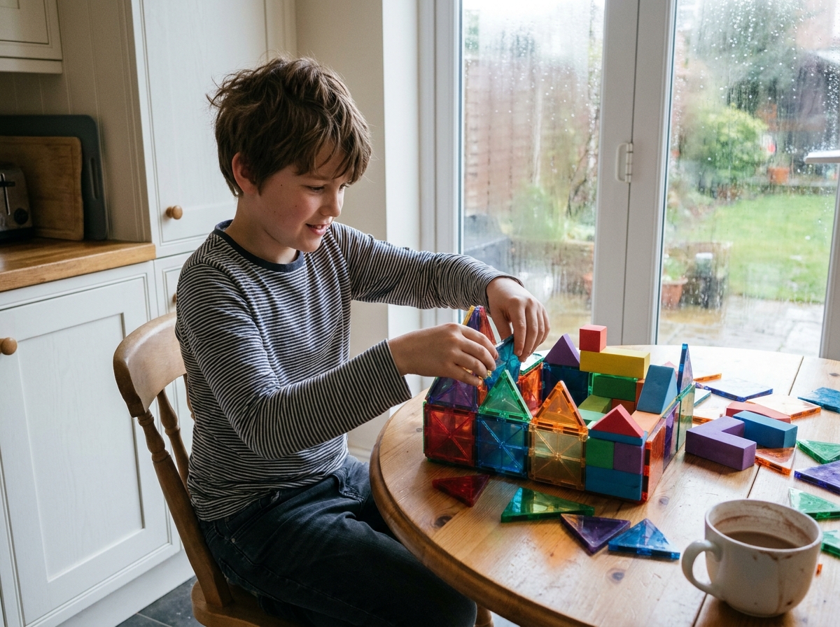 Enfant concentré jouant avec des tuiles magnétiques colorées sur une table de cuisine un jour de pluie