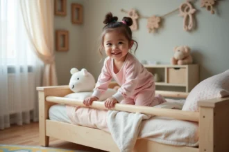 Petite fille heureuse dans son lit pour la première fois