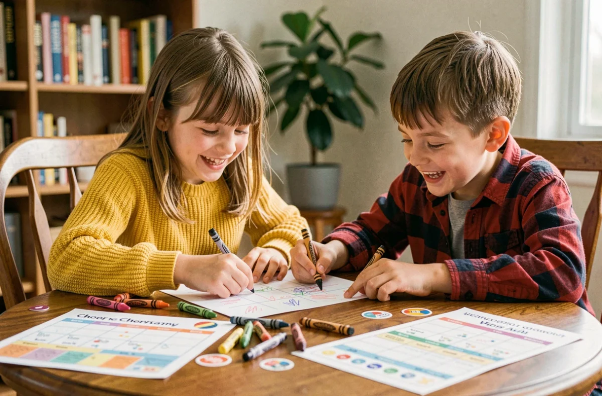 Deux enfants assis à une table en bois décorant leurs plannings de tâches ménagères imprimés avec des crayons et des autocollants