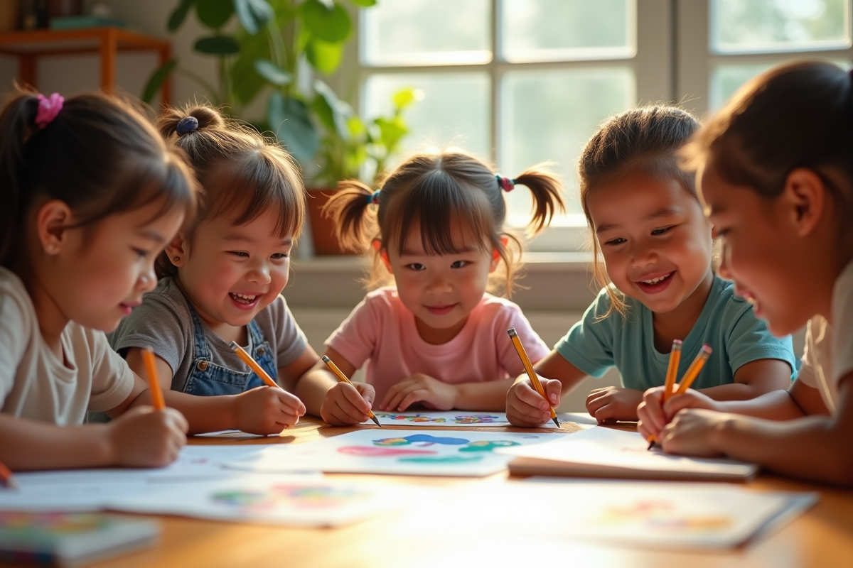 Enfants dessinant leurs personnages de dessin animé avec crayons