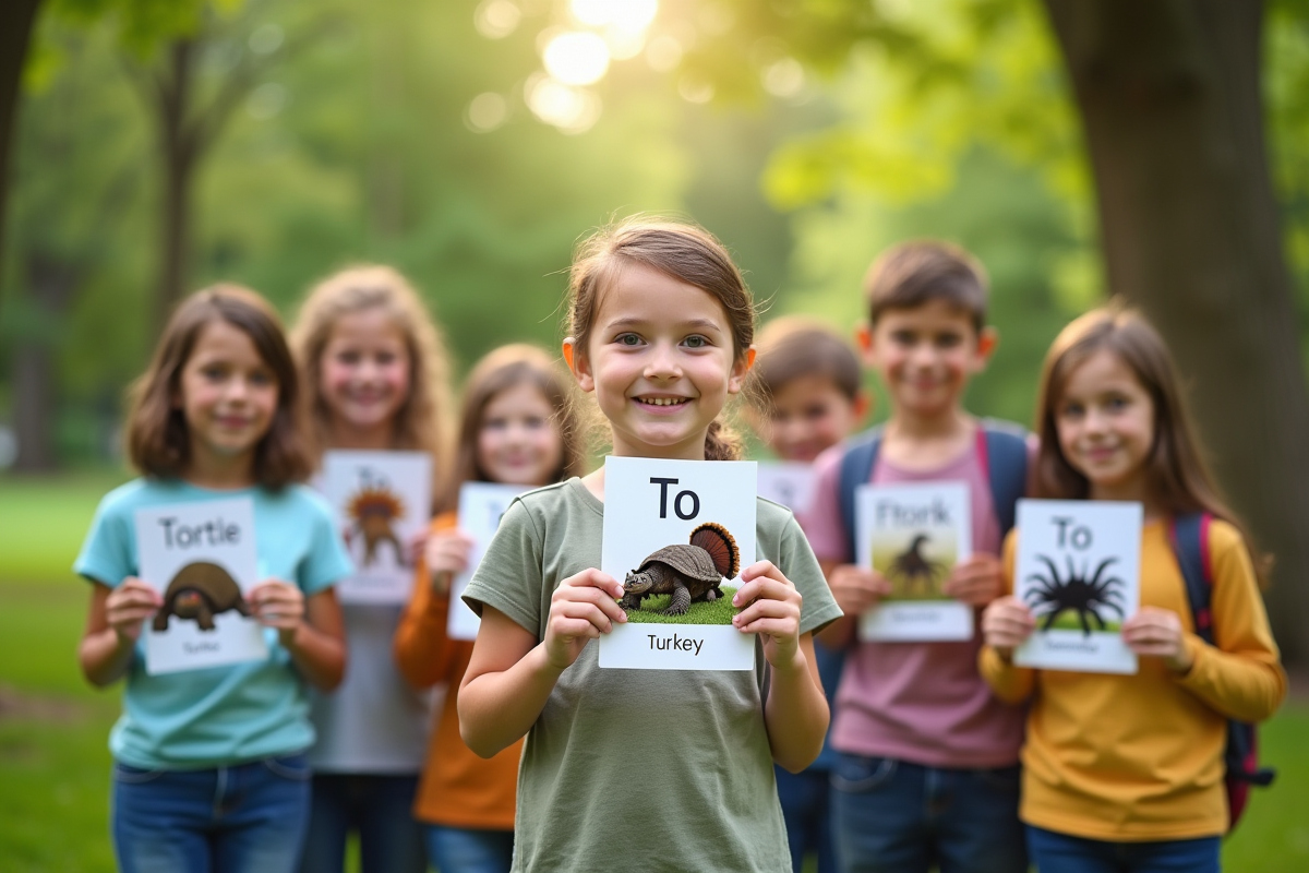 Enfants dehors avec cartes sur animaux T dans un parc