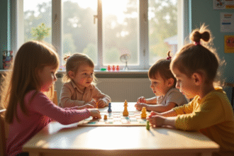 Jeunes enfants jouant à des jeux de société dans une classe lumineuse