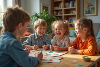 Groupe d'enfants jouant à un jeu de société en famille