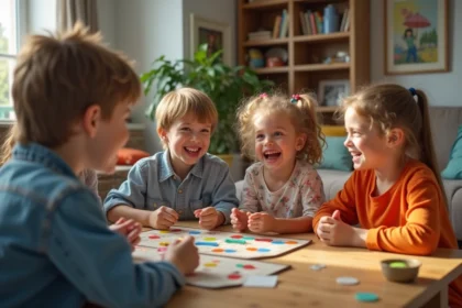 Groupe d'enfants jouant à un jeu de société en famille