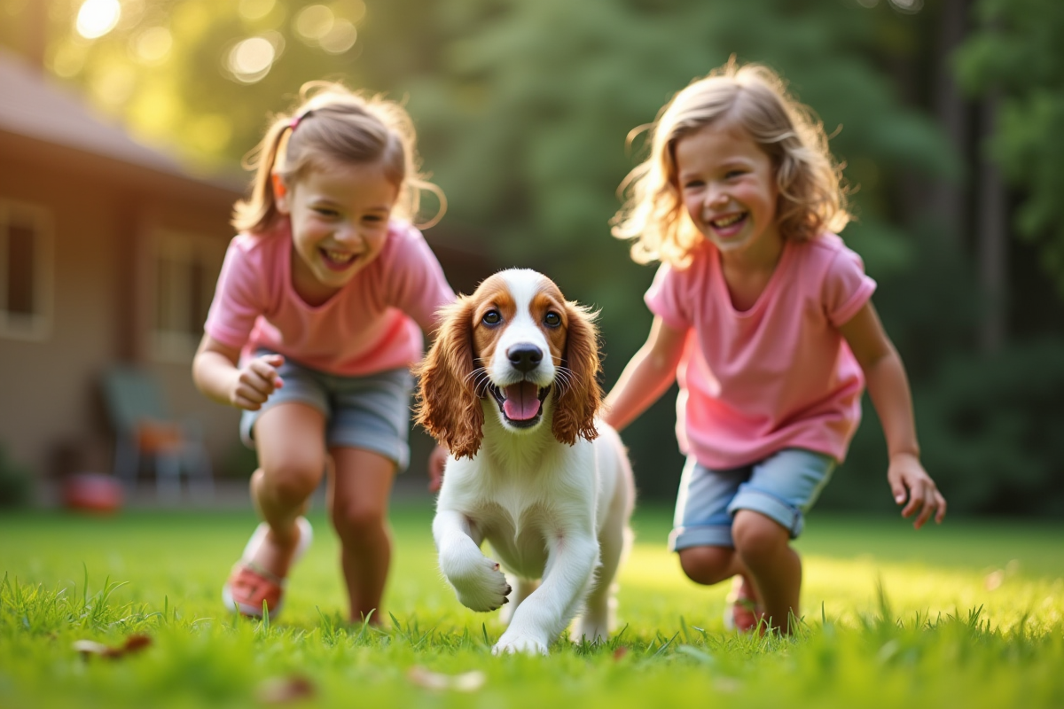 Deux enfants jouant avec un chiot cocker dans un jardin vert