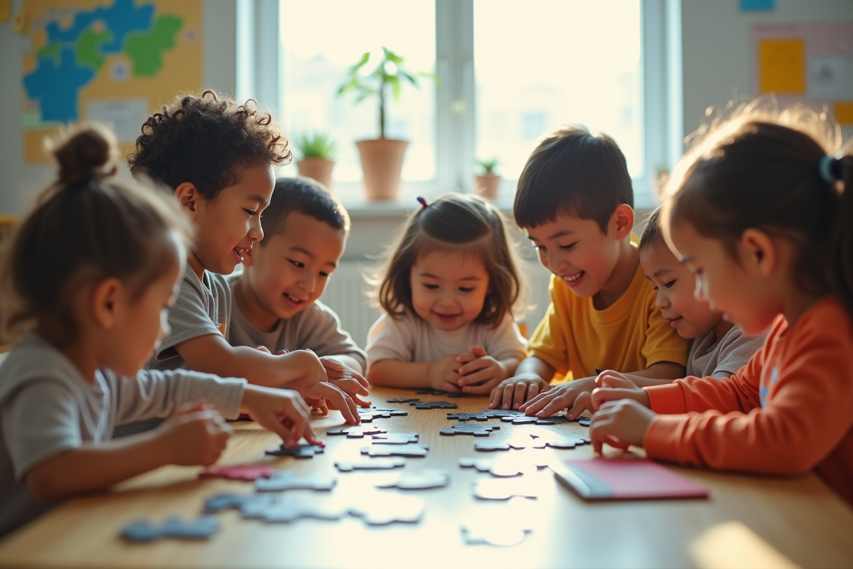 Enfants de divers horizons jouant ensemble et résolvant un puzzle