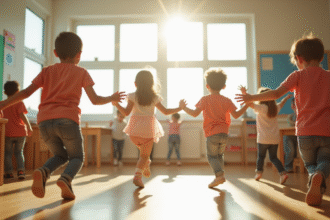 Groupe d'enfants jouant dans une salle lumineuse