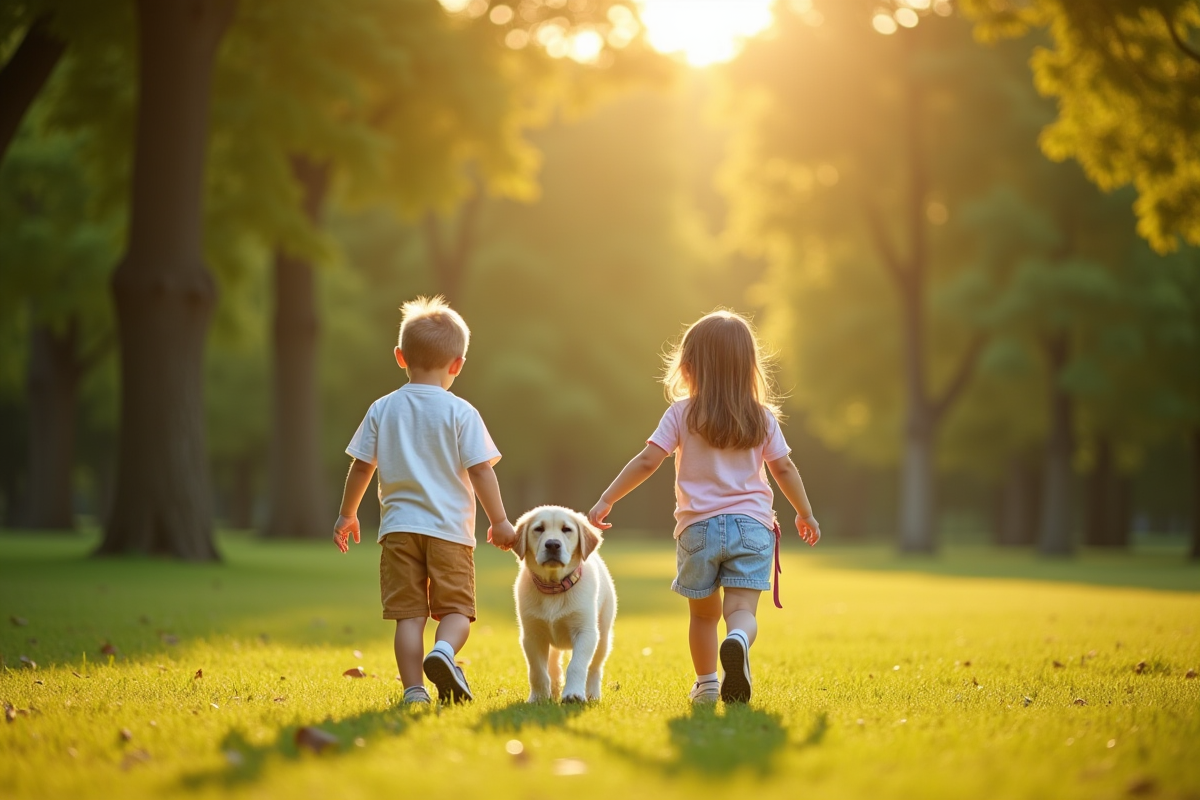 Deux enfants marchant main dans la main avec un labrador dans un parc