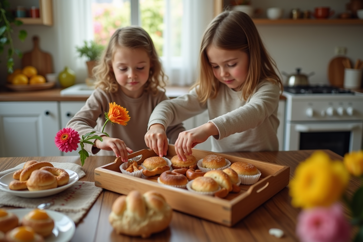 Enfants préparant un petit déjeuner surprise en cuisine