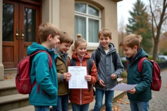 Enfants souriants devant l'école avec calendrier scolaire