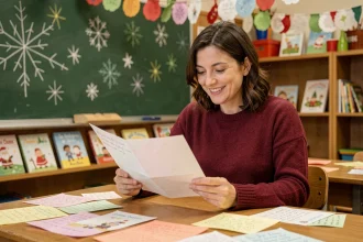 Enseignante lisant des lettres au Père Noël écrites par ses élèves dans une salle de classe décorée pour Noël