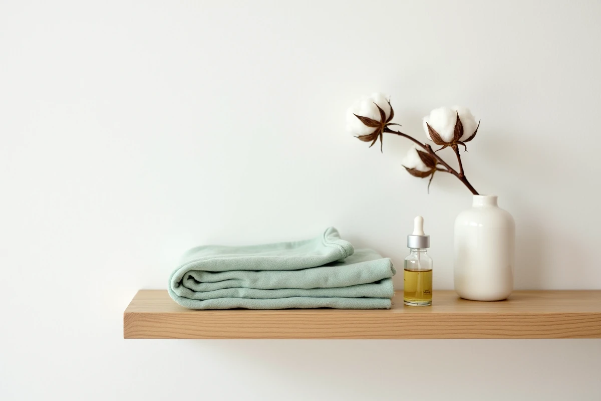 Coin cadeaux naissance épuré sur une étagère en chêne : lange en mousseline verte sauge, baume naturel et fleur de coton séchée dans un vase céramique