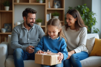 Famille française dans le salon ouvre un cadeau d anniversaire