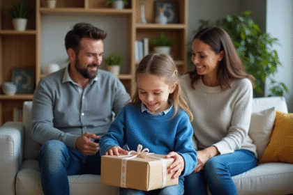 Famille française dans le salon ouvre un cadeau d anniversaire