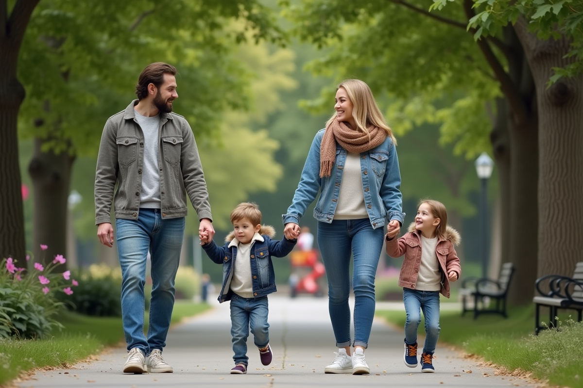 Jeune famille se promenant dans un parc urbain