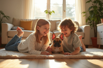 Famille heureuse jouant avec un petit chien français dans un salon lumineux