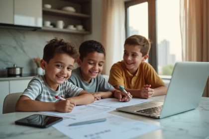 Famille souriante planifiant leur budget à Dubai