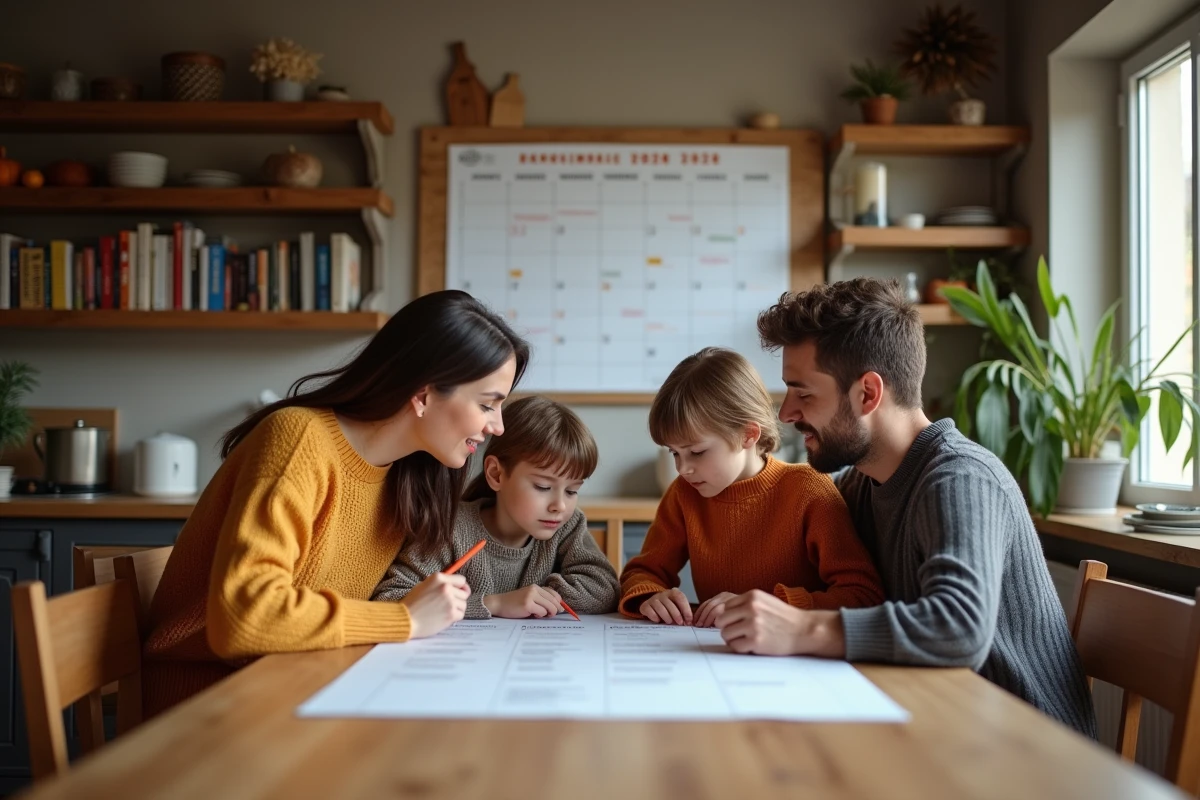 Famille discutant autour du calendrier scolaire à la maison