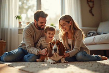 Famille heureuse jouant avec un basset hound dans le salon