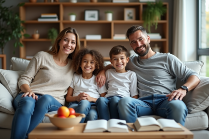 Famille de quatre souriante dans un salon moderne