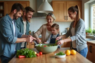 Famille multigenerational autour d'une salade dans la cuisine