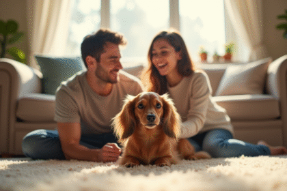 Famille heureuse avec un chien dachshund dans le salon