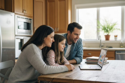 Famille réunie autour d'un ordinateur dans la cuisine