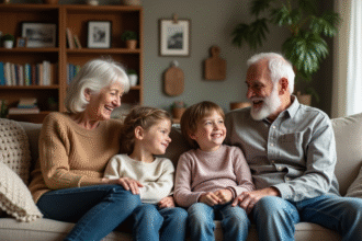 Famille multigenerational assise sur un canapé chaleureux