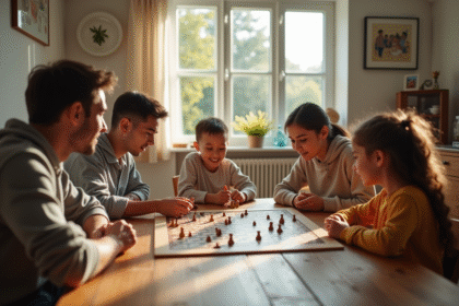 Famille multigeneration jouant à un jeu de société lumineux