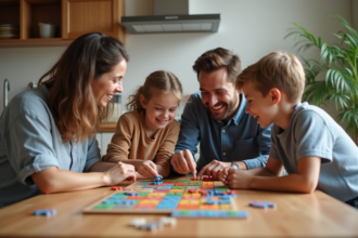 Famille souriante jouant à un jeu de société dans la cuisine