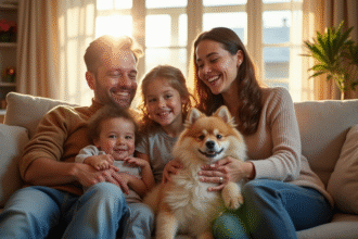 Famille heureuse avec chien Spitz dans le salon lumineux