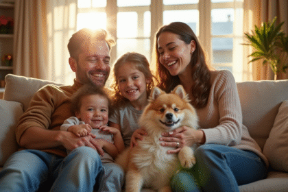 Famille heureuse avec chien Spitz dans le salon lumineux
