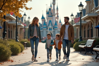 Famille jeune famille dans un parc Disney vide