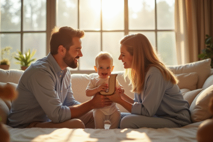 Famille heureuse dans un salon lumineux avec lettre J en bois
