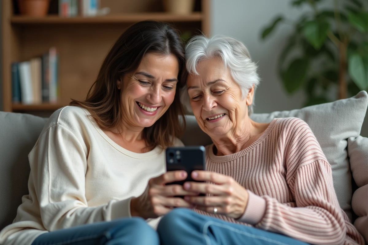 Mère et fille consultant ensemble l'application Famileo sur un smartphone dans un salon familial
