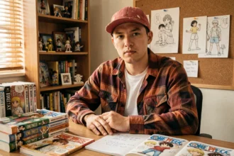 Fan de One Piece analysant des théories sur le frère de Shanks et les Figarland devant ses manga et notes manuscrites