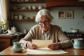 Femme âgée lisant une lettre dans une cuisine chaleureuse