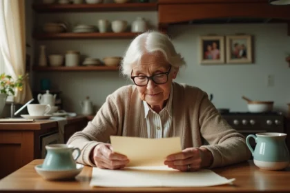 Femme âgée lisant une lettre dans une cuisine chaleureuse