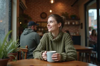 Femme songeuse dans un café tenant une tasse, réfléchissant à l'amour et aux émotions féminines