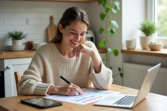 Jeune femme souriante avec table de budget et tablette