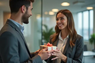 Femme souriante offrant un cadeau à un collègue au bureau