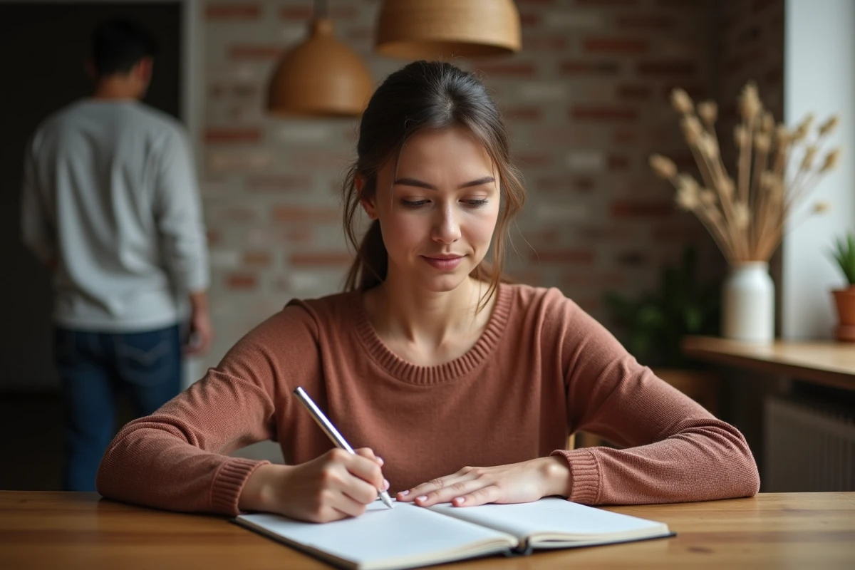 Femme écrivant dans un carnet pour préparer une conversation difficile avec son mari en arrière-plan